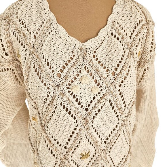Blueberry Hill Vintage White Knit Floral Pattern Knit Crochet Sweater Sz M - Picture 2 of 10